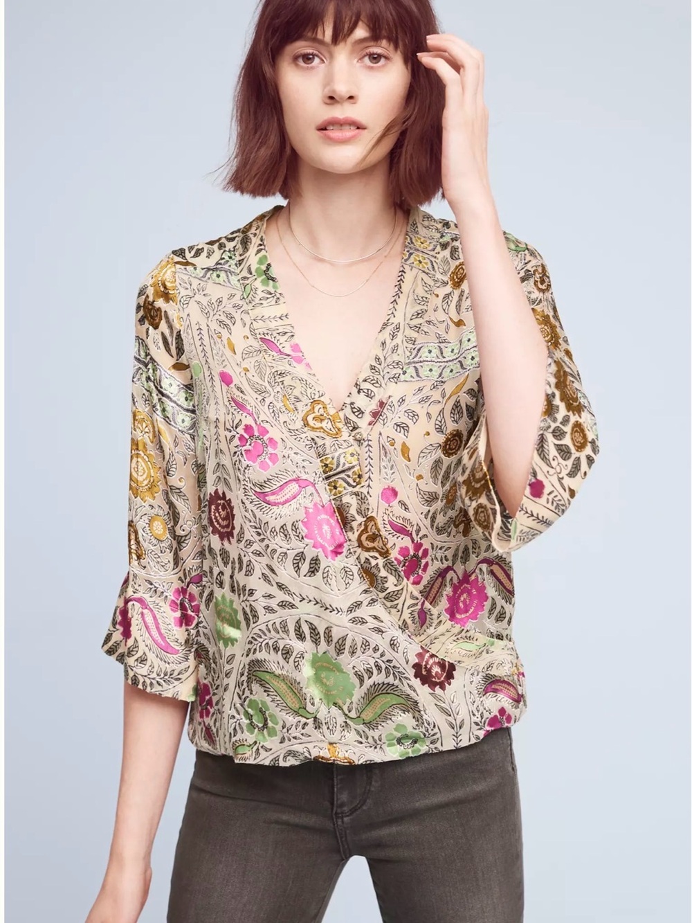 ANTHROPOLOGIE x FLOREAT Japonica Floral Velvet Wrap Blouse Medium